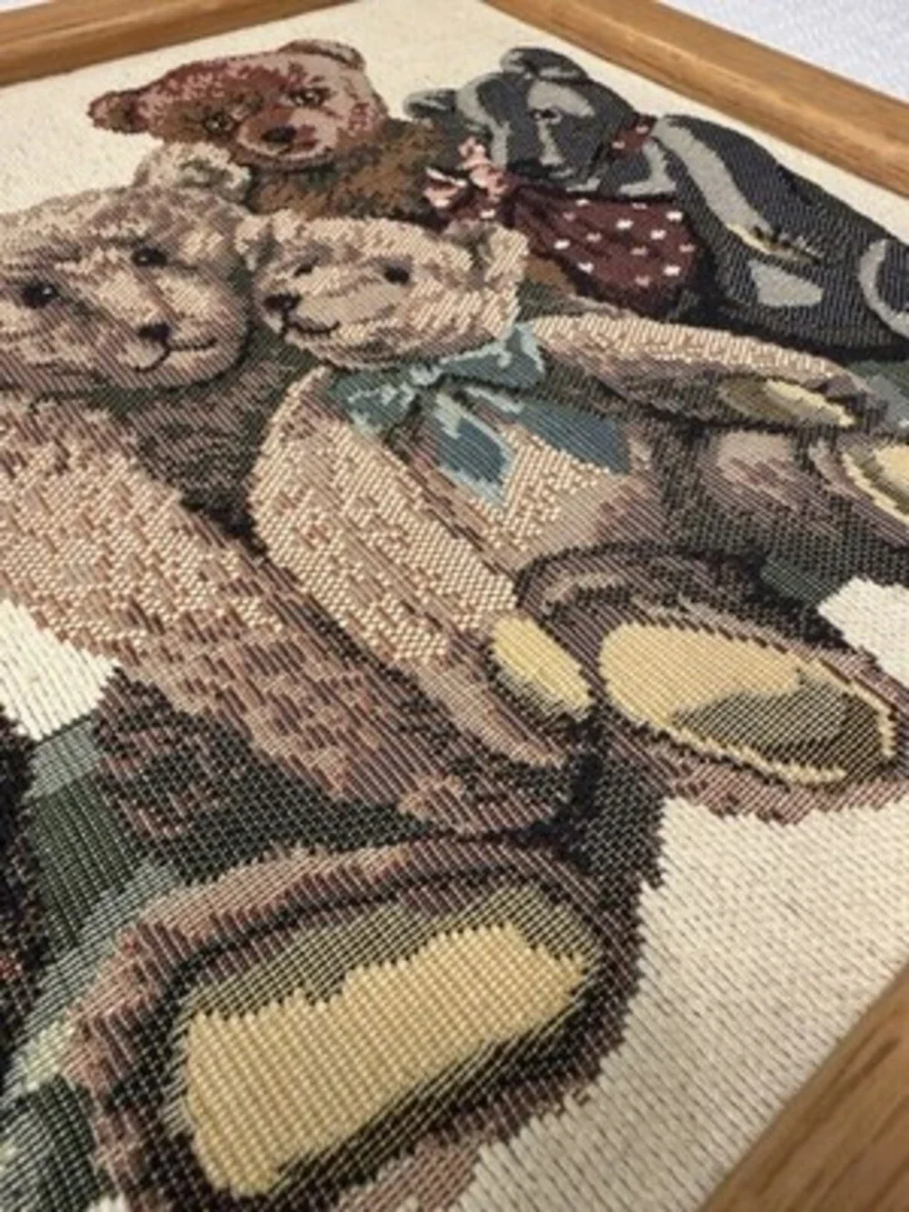 Vintage 90s Dakotah Woven Tapestry Textile Teddy Bears Handmade Oak Frame 36x16